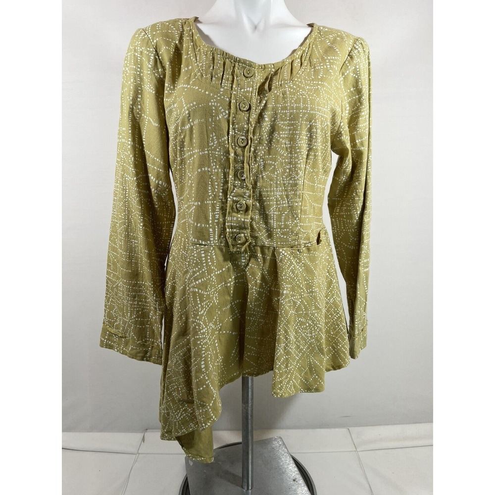 Vintage Apu Top Womens Medium Green Cotton Asymmetrical Artwear Boho Blouse